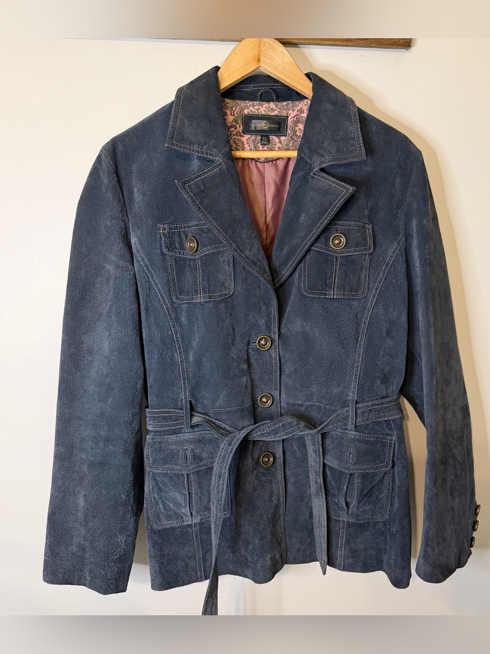 Wilsons Leather Genuine Suede Belted Safari Jacket Blue Women’s XL Coat Winter